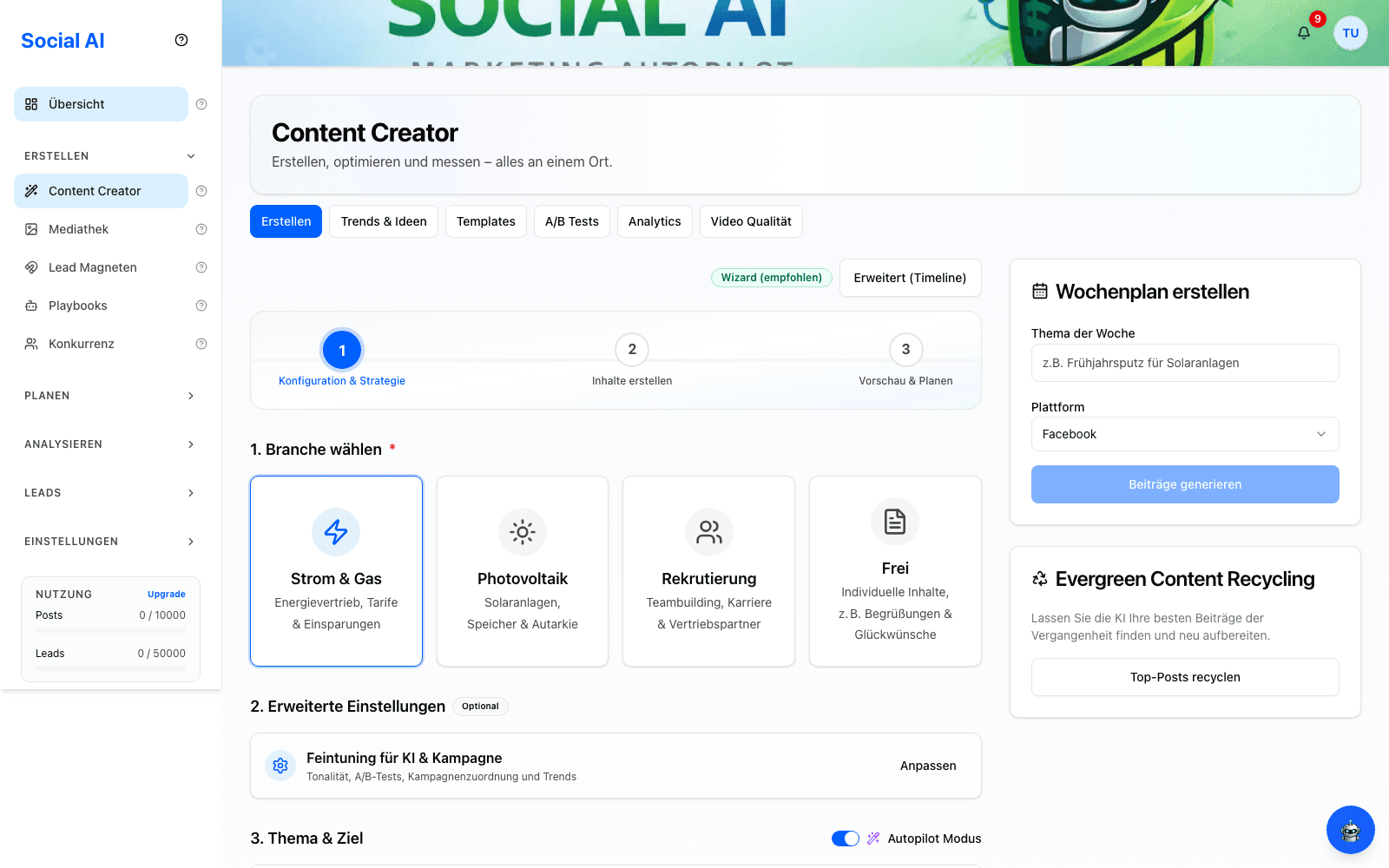Content Creator Übersicht in Social AI