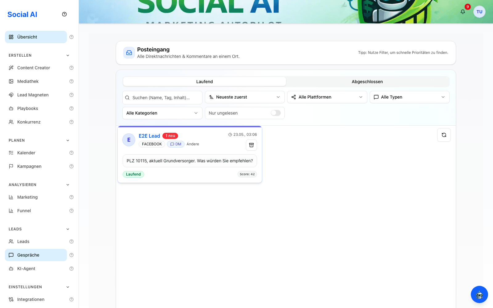 Gespräche und KI-Lead-Inbox in Social AI