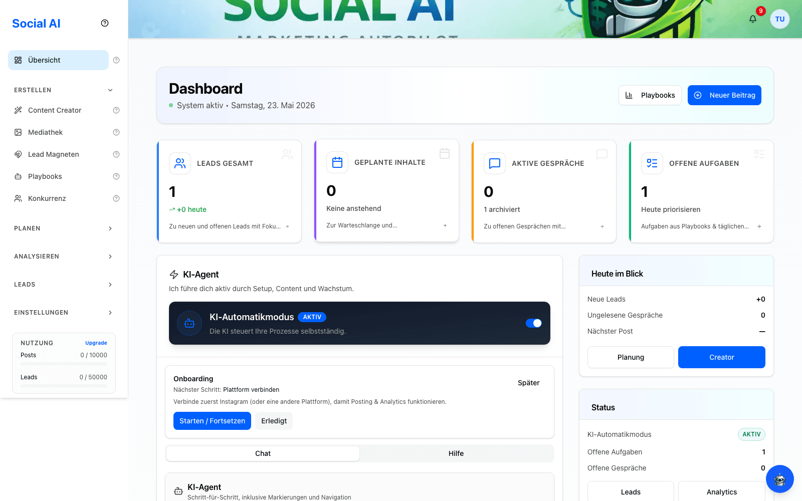 Social AI Dashboard mit KI-Agent, Cockpit und Tagesfokus